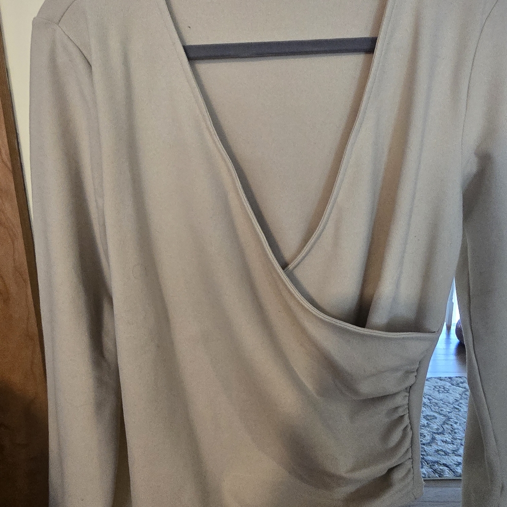 LOFT Beige Wrap-Front Long Sleeve Top